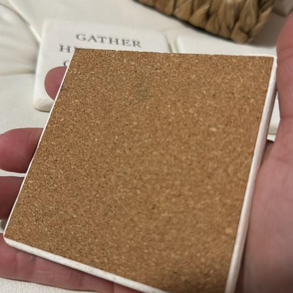 NWT Set of 4 Coasters-Ceramic/Limestone-Printed Phrase-Basket To Store In - Picture 11 of 12